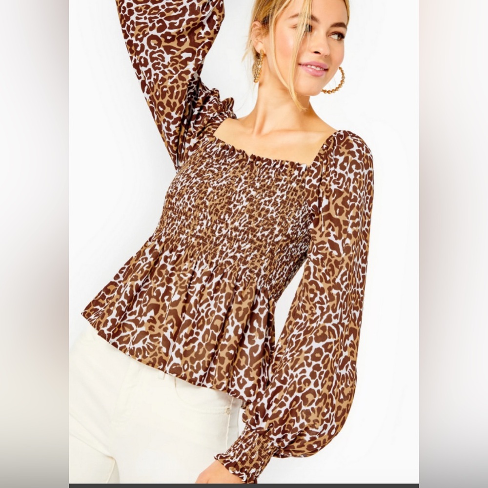 Lilly Pulitzer Leopard Demi Long Sleeve Smocked Top Size M NWT